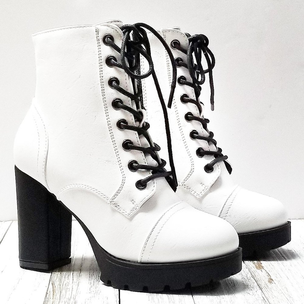 White Black Lace Up Combat Chunky Heel Boots